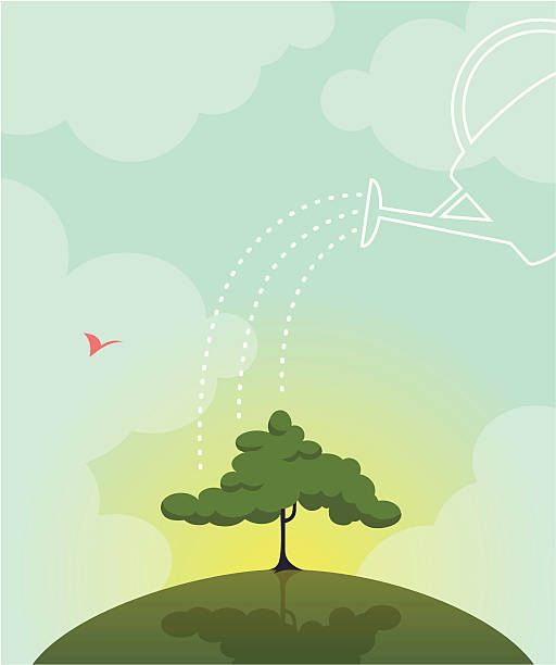 Earth Day Taking care of our planet earth concept. Vector illustration of imaginary watering can sprinkling tree on earth. Objects on separate layers. Arbor Day stock illustrations