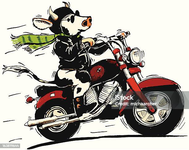 Vetores de Vaca Em Uma Motocicleta e mais imagens de Fêmea de mamífero - Fêmea de mamífero, Óculos escuros - Acessório ocular, Motocicleta