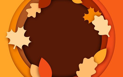 Autumn fall orange yellow brown maple oak leaf frame circle background with space for your copy.