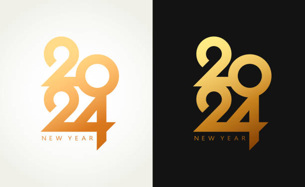 2024 frohes neues jahr goldlogo-textdesign auf schwarzem hintergrund und weißem hintergrund - new years day stock-grafiken, -clipart, -cartoons und -symbole