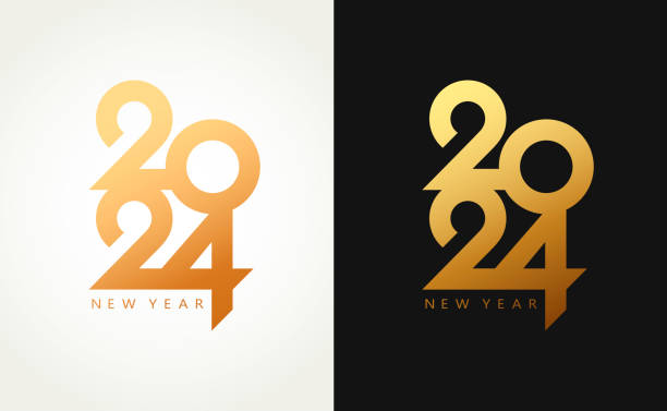 2024 happy new year złoty tekst logo na czarnym tle i białym tle - new years day stock illustrations
