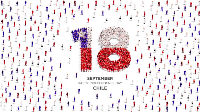 Happy Independence Day Chile. A large group of people form to create the number 18 as Chile celebrates its Independence Day on the 18th of September. 4K Animation Video.