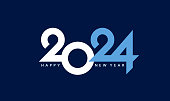 2024 typography logo design concept. Happy new year 2024 blue logo design