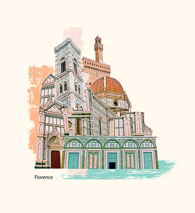 Collage of landmarks of Florence, Italy. Basilica of Santa Maria del Fiore or Basilica of Saint Mary of the Flower in Florence, Italy. Art design