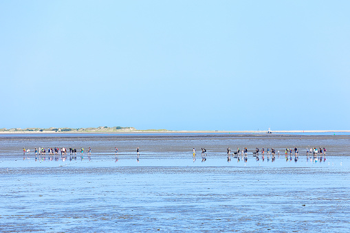 Wadden Sea with people walking at low tide in Nessmersiel, Norderney in the background, East Frisia, Germany