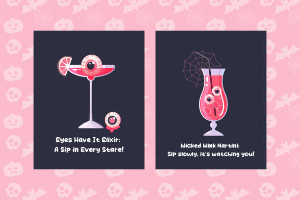 różowy plakat halloween, koktajl, dziewczyna, podpis, napis, śmieszny podpis - drink falling concepts humor stock illustrations