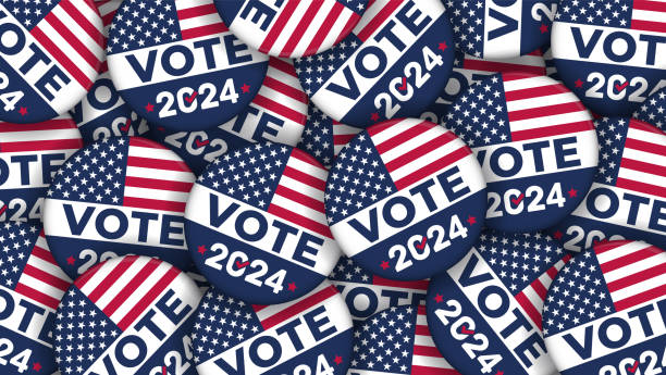 2024年の選挙運動ボタンと米国国旗 – ベクターイラスト - 選挙点のイラスト素材／クリップアート素材／マンガ素材／アイコン素材