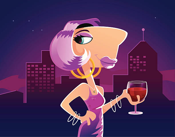 Lady holding wine glass with cityscape behind her vector art illustration