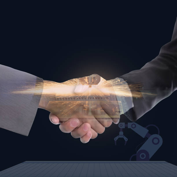 istock Businessmen shaking hands on abstract manufacturing industrial concept. 1638213784