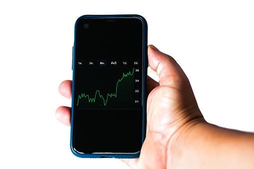 Check and monitor your status of stock prices in smartphone with white background in concept isolated photo.