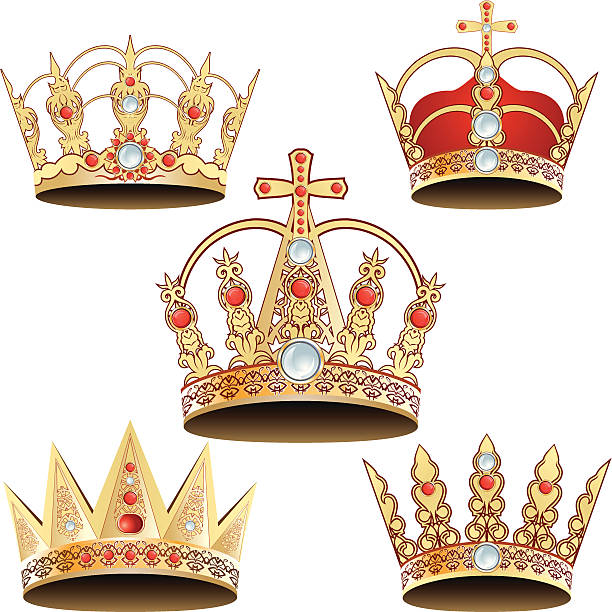 illustrazioni stock, clip art, cartoni animati e icone di tendenza di set di cinque royal corone gioiello. - crown nobility ornate illustration and painting