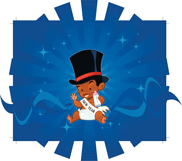 Baby New Year Vector Cartoon of baby New Year in a top hat holding a baby bottle. new years baby stock illustrations