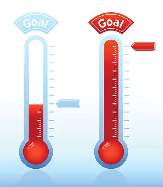 Vector illustration of Two fundraiser thermometers, one half-filled and one full