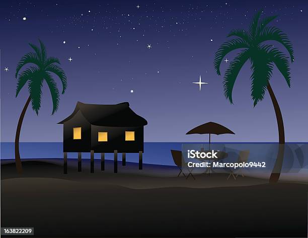 Spiaggia Tropicale Di Notte - Immagini vettoriali stock e altre immagini di Notte - Notte, Spiaggia, Capanna