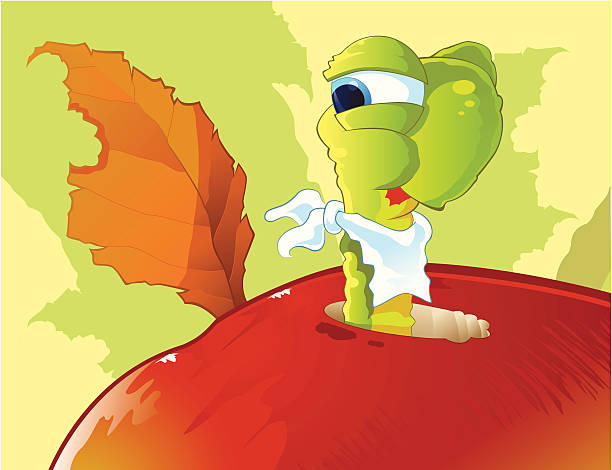 Large worm eating red apple vector art illustration