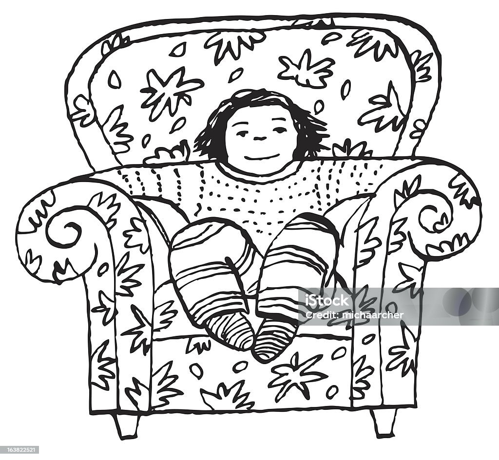 Niño en una cómoda silla - arte vectorial de Con las piernas cruzadas libre de derechos