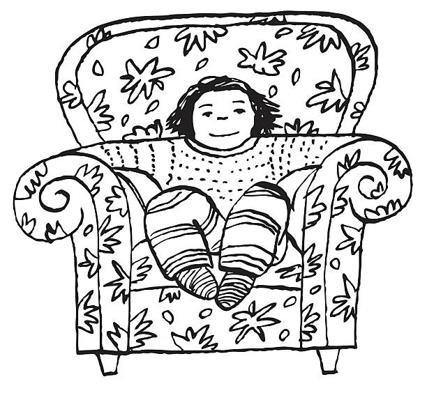 Child in cozy Chair A child in a cozy armchair kid sitting cross legged stock illustrations