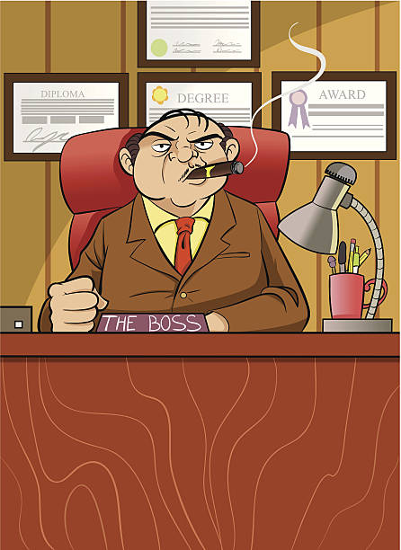 Boss A portly balding man with a thin mustache sits at his desk, in his office while smoking a cigar. Various documents can be seen hanging up on the wall behind him. mob boss stock illustrations