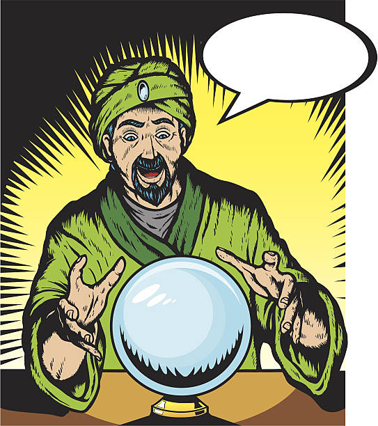 Surprised cartoon fortune teller looking into a crystal ball vector art illustration