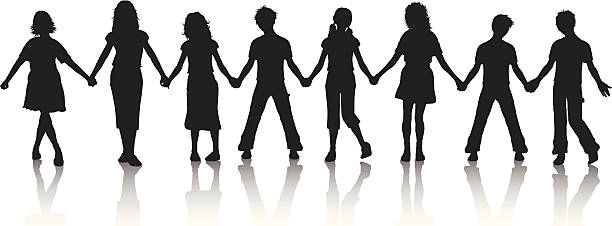 Children holding hands Silhouettes of children holding hands. kids holding hands stock illustrations