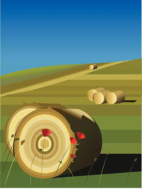 Vector illustration of Hay Field with Sheaves and Poppies