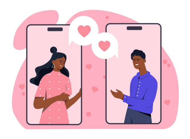 Couple with video call vector concept Couple with video call concept. Man and woman communicate in social networks and instant messengers. Mobile application for dating and meeting. Love and romance. Cartoon flat vector illustration internet dating stock illustrations