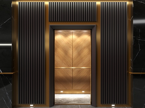 3d illustration. Modern elevator doors in art deco lobby