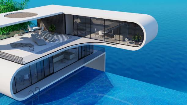 istock Futuristic modern villa pool on the sea 1638249581