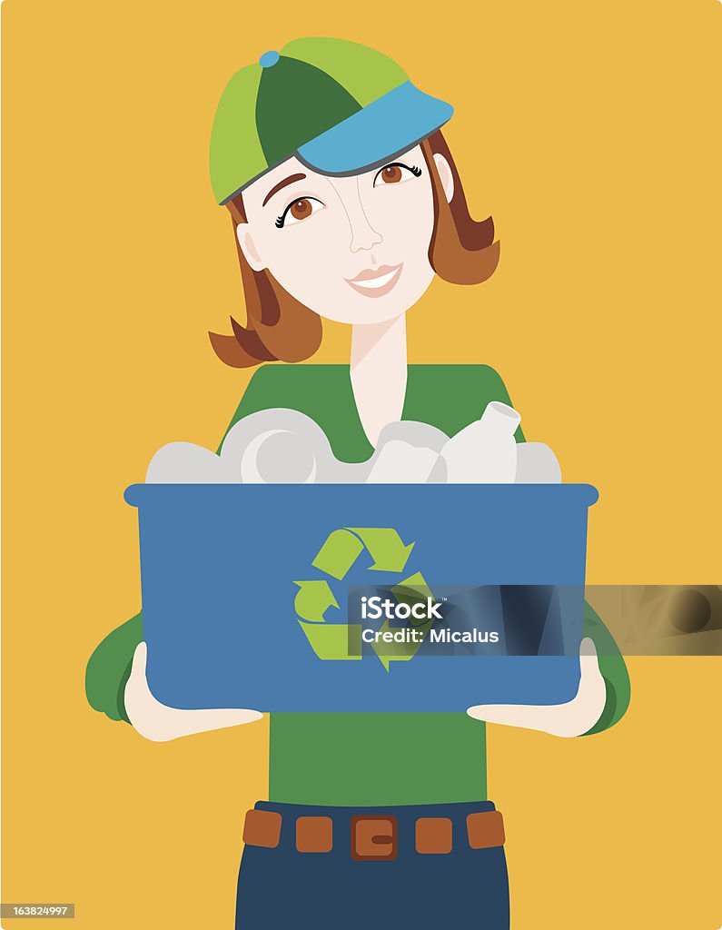 Girl with Recycling Bin Happy girl taking green action holding a recycling bin Adult stock vector