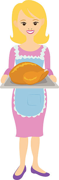 Woman with turkey dinner Illustration of a woman carrying out a tray of Thanksgiving roast turkey dinner. middle aged woman cooking stock illustrations