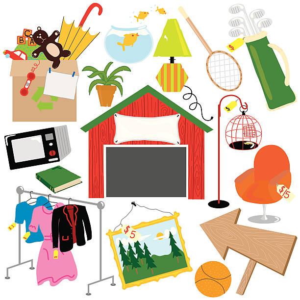 sprzedaż garażowa elementy - garage sale flea market sale market stock illustrations