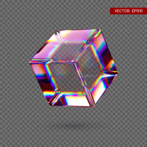 Vector illustration of 3d transparent glossy cube with dispersion effect.