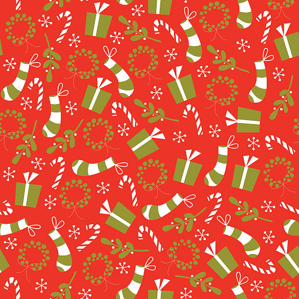 Retro Vintage Style Christmas Wreath and Stocking Seamless Pattern vector art illustration