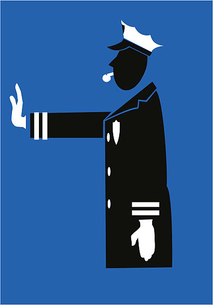 Policeman "A stylized black and white silhouette of a traffic cop, holding a whistle in his mouth and signaling for traffic to stop" cop blowing a whistle stock illustrations