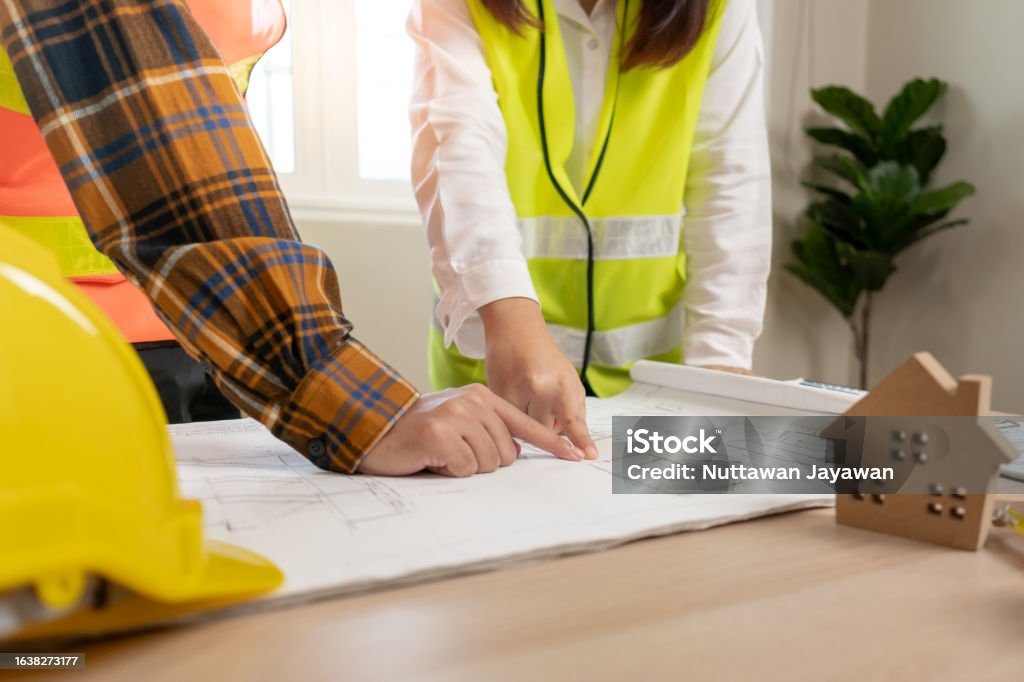 Contractor Inspection Engineers Use Blueprint Check Construction On Site Contractor And ...