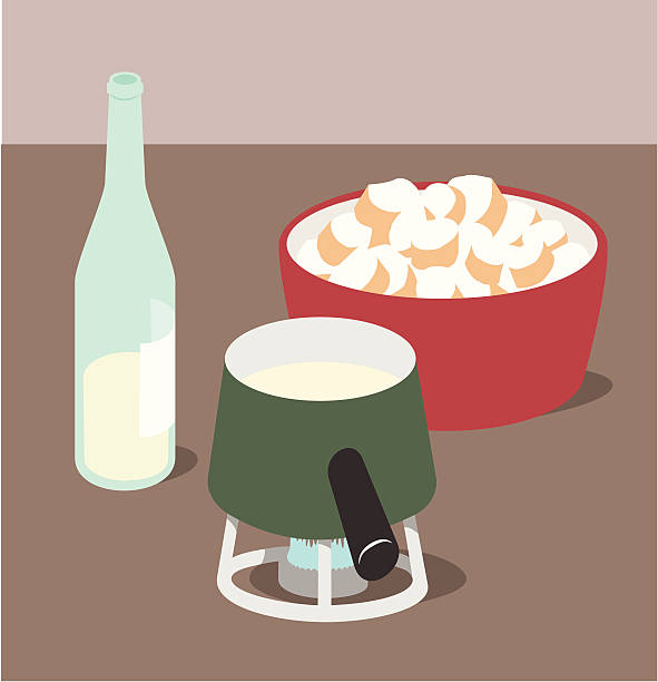 Cheese fondue "Still life of fondue pot, bowl of bread and wine bottle." cheese fondue stock illustrations
