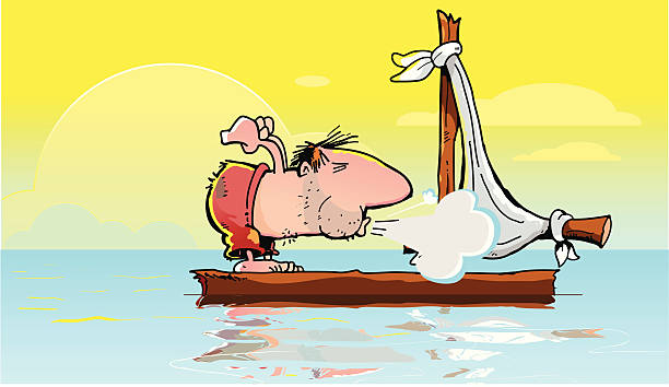 Man on a Raft in the Ocean vector art illustration