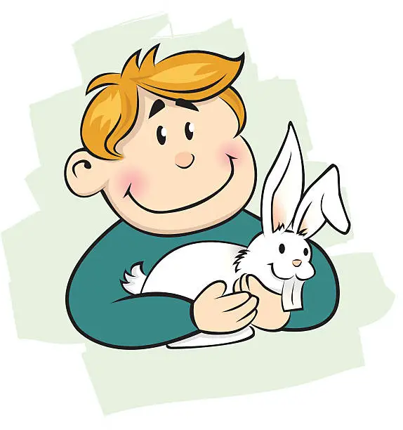 Vector illustration of Little boy loving his pet bunny