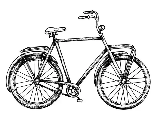 Vector illustration of Road Bicycle. Vector hand drawn illustration of urban retro classic Bike on isolated white background painted by black inks in outline style. Drawing of city vintage cute transport with cycle wheels