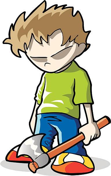 Boy holding an axe "Boy holding a sharp axe, with the face of revolt." revolted stock illustrations