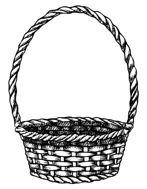 Empty wicker picnic Basket. Hand drawn vector illustration of handmade wooden osier container painted for by black inks on white isolated background in outline style. Line art sketch of eco object.