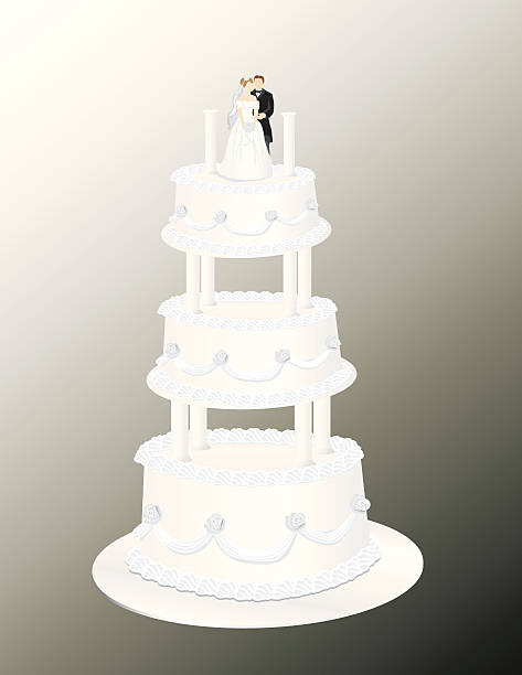 Wedding Cake with Three tiers, bride and groom. vector art illustration
