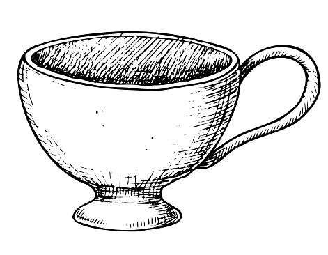 Empty porcelain white Cup for tea or coffee. Hand drawn vector illustration of vintage teacup on white isolated background. Drawing of ceramic Mug for beverage in outline style painted by black inks.