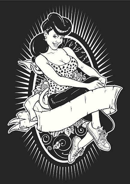 Mis Behavin' Hand Drawn, traced, scanned, streamlined, vectorised vintage pin up girl tattoo stock illustrations