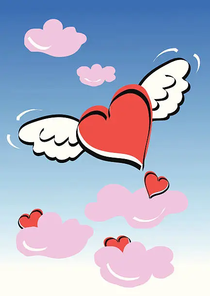 Vector illustration of winged heart in pink clouds
