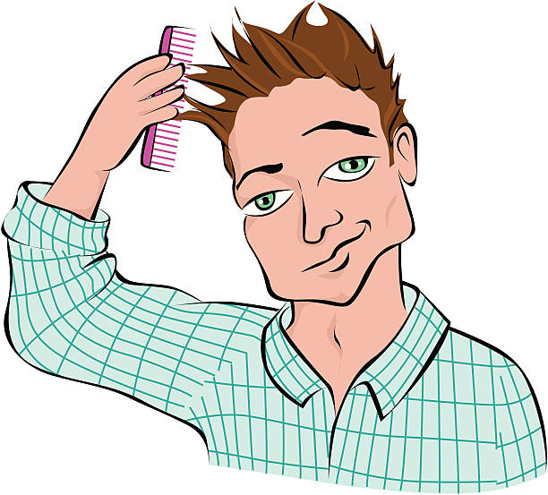 Man combing hair Illustration of a cute brunette man combing hair human hair comb combing cartoon stock illustrations