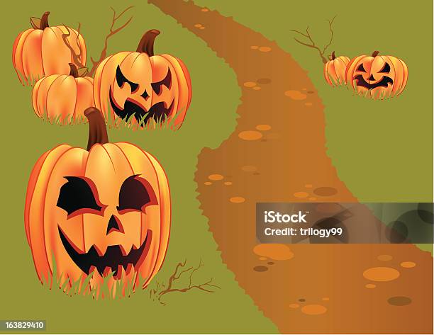 Halloween Zucca Patch - Immagini vettoriali stock e altre immagini di Campo di zucche - Campo di zucche, Sfondi, Albero spoglio