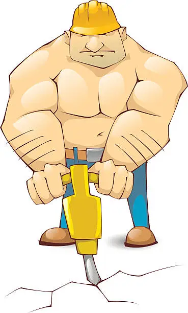 Vector illustration of worker with pick hammer