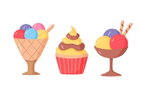 istock Ice cream set in creamers and baskets cartoon style. Vector color illustration of summer refreshing desserts. Icons for the cafe restaurant menu. 1638299327