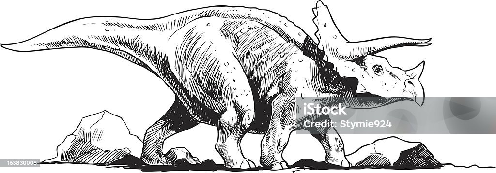 Triceratops A triceratops lumbering through a rocky landscape. Animal stock vector